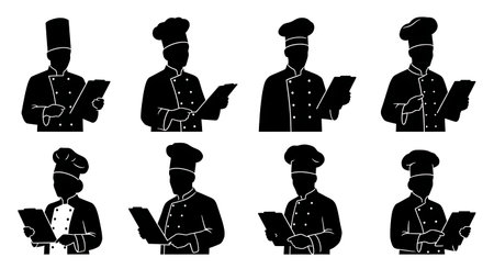 Black Solid Chef Holding Menu Silhouettes Set of Six isolated on plain white background.のイラスト素材