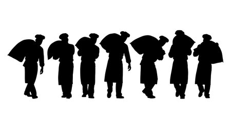 Black Solid Chef Carrying Sack Silhouettes Set of Six isolated on plain white background.のイラスト素材