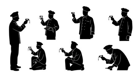 Black Solid Chef Checking Temp Silhouettes Set of Six isolated on plain white background.のイラスト素材