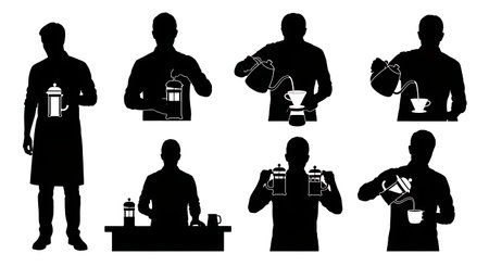 Black Solid Baristas French Press Silhouettes Set of Six on White Background isolated on plain white background.のイラスト素材