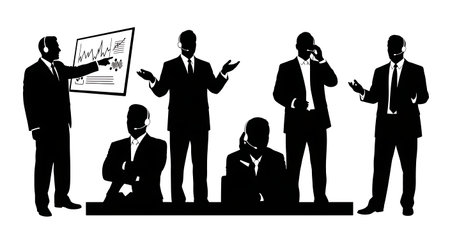 Black Solid Call Center Managers Instructing Silhouettes Set of Six on White Background isolated on plain white background.のイラスト素材
