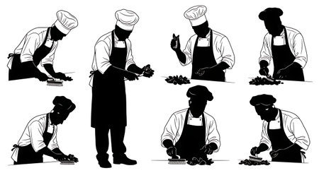 Black Solid Chef Scrubbing Shellfish Silhouettes Set of Six isolated on plain white background.のイラスト素材