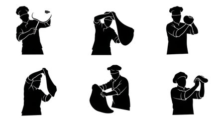 Black Solid Chef Stretching Dough Silhouettes Set of Six isolated on plain white background.のイラスト素材