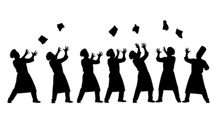 Black Solid Chefs Catching Falling Object Silhouettes Set of Six on White Background isolated on plain white background.のイラスト素材