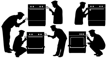 Black Solid Chefs Checking Oven Silhouettes Set of Six on White Background isolated on plain white background.のイラスト素材