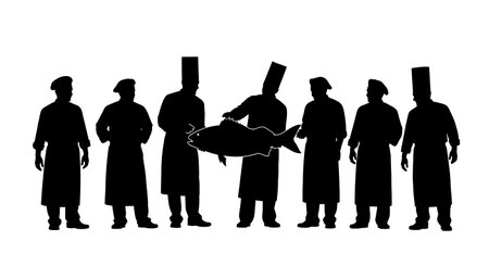 Black Solid Chefs Holding Large Fish Silhouettes Set of Six on White Background isolated on plain white background.のイラスト素材