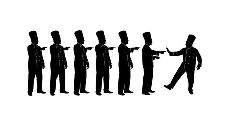 Black Solid Chefs Pointing to Door Silhouettes Set of Six on White Background isolated on plain white background.のイラスト素材