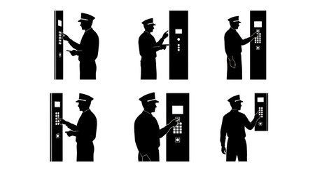 Black Solid Elevator Showroom Engineers Pressing Buttons Set of Six on White Background isolated on plain white background.のイラスト素材