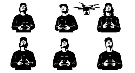 Black Solid Drone Showroom Pilots with Controllers Set of Six on White Background isolated on plain...