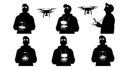 Black Solid Drone Showroom Pilots with Controllers Set of Six on White Background isolated on plain...