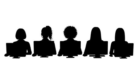 Black Solid Female Help Desk Agents Silhouettes Set of Six isolated on plain white background.のイラスト素材
