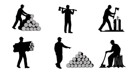 Black Solid Firewood Sales Workers Stacking Logs Set of Six on White Background isolated on plain white background.のイラスト素材