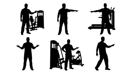 Black Solid Gym Membership Sales Staff Tours Set of Six on White Background isolated on plain white background.のイラスト素材