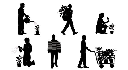 Black Solid Garden Center Sales Staff Actions Set of Six on White Background isolated on plain white background.のイラスト素材