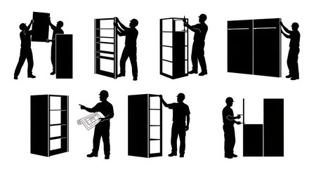 Black Solid Kiosk Showroom Builders Assembling Set of Six on White Background isolated on plain white background.のイラスト素材
