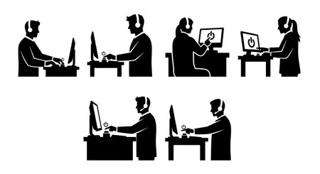 Black Solid IT Helpdesk Rebooting Computers Silhouettes Set of Six on White Background isolated on plain white background.のイラスト素材