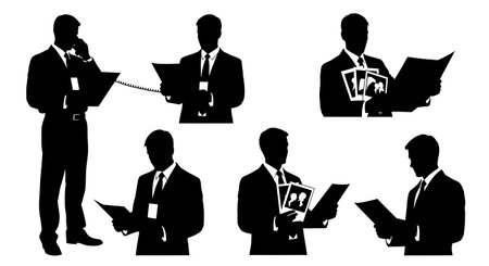 Black Solid Insurance Adjusters on Phone Silhouettes Set of Six on White Background isolated on plain white background.のイラスト素材