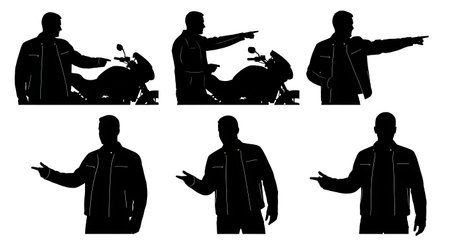 Black Solid Motorcycle Sales Staff Pointing Set of Six on White Background isolated on plain white background.のイラスト素材