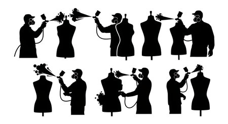 Black Solid Mannequin Showroom Painters Spraying Set of Six on White Background isolated on plain white background.のイラスト素材