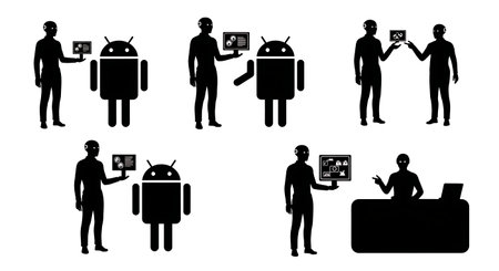 Black Solid Robot Showroom Demonstrators Interacting Set of Six on White Background isolated on plain white background.のイラスト素材