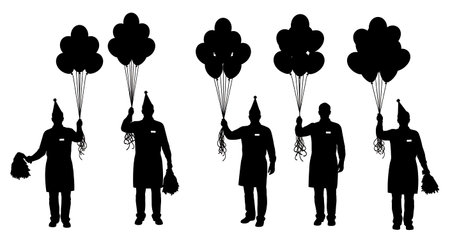 Black Solid Party Showroom Clerks with Balloons Set of Six on White Background isolated on plain white background.のイラスト素材