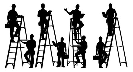Black Solid Roofing Sales Estimators on Ladders Set of Six on White Background isolated on plain white background.のイラスト素材