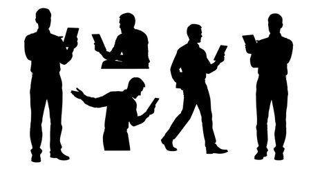 Black Solid Tech Sales Reps with Tablets Set of Six on White Background isolated on plain white background.のイラスト素材