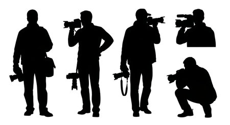 Black Solid Photographers Adjusting Camera Bag Silhouettes Set of Six on White Background isolated...