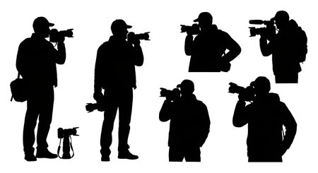 Black Solid Photographers Adjusting Camera Bag Silhouettes Set of Six on White Background isolated...