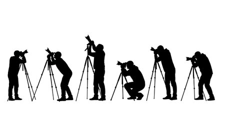 Black Solid Astrophotographers Cameras Night Sky Silhouettes Set of Six on White Background isolated...