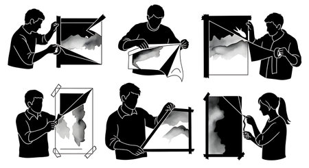 Black Solid Artist Peeling Masking Tape Silhouettes Set of Six on White Background isolated on plain...