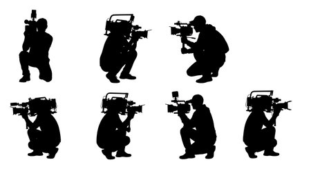 Black Solid Documentary Videographer Shoulder Silhouettes Set of Six on White Background isolated on...