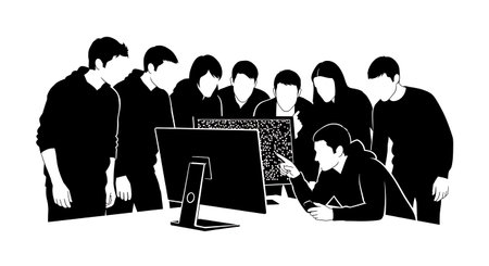 Black Solid Designers Checking Pixel Details Silhouettes Set of Six on White Background isolated on...