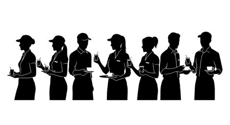 Black Solid Cafe Worker Handing Samples Silhouettes Set of Six on White Background isolated on plain...