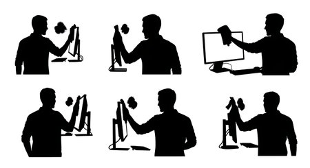 Black Solid Digital Illustrator Wiping Monitor Silhouettes Set of Six on White Background isolated...