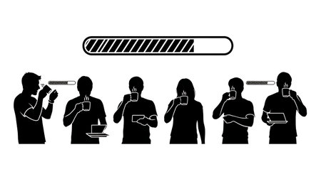 Black Solid Editors Drinking Coffee While Rendering Silhouettes Set of Six on White Background...