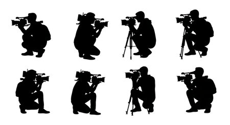 Black Solid Documentary Videographer Shoulder Silhouettes Set of Six on White Background isolated on...