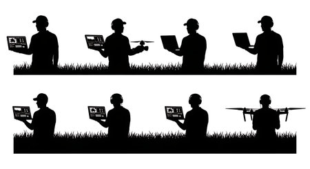 Black Solid Drone Videographer Laptop Editing Silhouettes Set of Six on White Background isolated on...