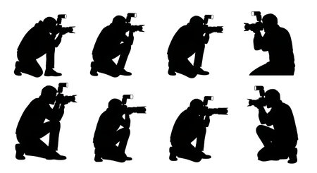 Black Solid Photographers With External Flashguns Silhouettes Set of Six on White Background...