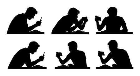 Black Solid Food Vlogger Smartphone Silhouettes Set of Six on White Background isolated on plain white background.のイラスト素材