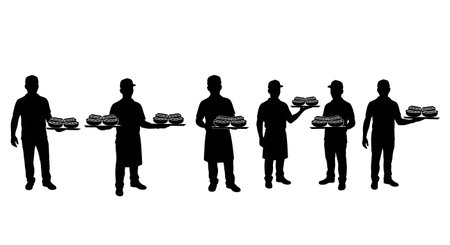 Black Solid Food Cart Owner Hotdog Silhouettes Set of Six on White Background isolated on plain...