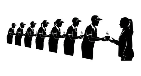 Black Solid Couriers Handing Coffee Cup Silhouettes Set of Six on White Background isolated on plain...