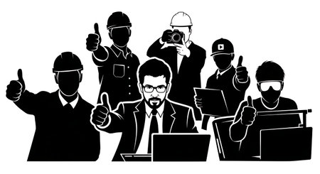 Black Solid Designers Giving Thumbs Up Silhouettes Set of Six on White Background isolated on plain...