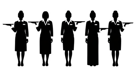Black Solid Head Waitress Tray Under Arm Silhouettes Set of Six on White Background isolated on...
