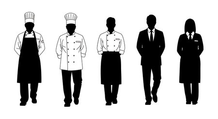Black Solid Food Service Leader Walking Silhouettes Set of Six on White Background isolated on plain...
