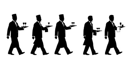 Black Solid Maitre D Stepping Sideways Silhouettes Set of Six on White Background isolated on plain...