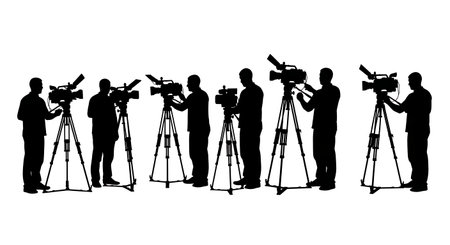 Black Solid Interview Cameraman Tilt Silhouettes Set of Six on White Background isolated on plain...
