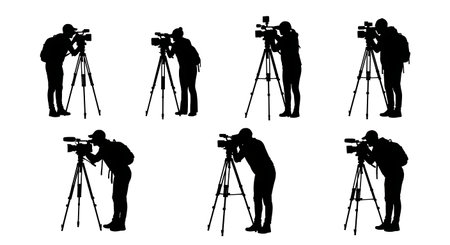 Black Solid Nature Shooter Tripod Silhouettes Set of Six on White Background isolated on plain white...