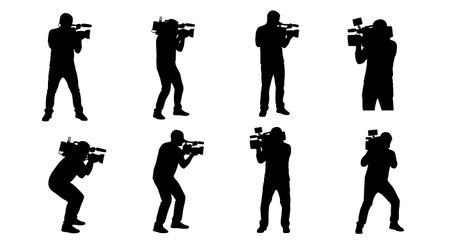 Black Solid Music Video Cameraman Hip Silhouettes Set of Six on White Background isolated on plain...