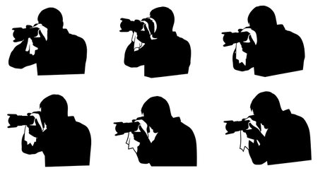 Black Solid Photographers Cleaning Lens Silhouettes Set of Six on White Background isolated on plain...